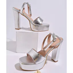 Shoetopia Ankle Strap Closure Solid Platform Block Heel - Silver-picture-24