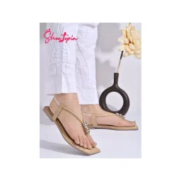 Shoetopia Embellishment Gemstones Jewels Detailed Beige Flat T Strap for Women-picture-13