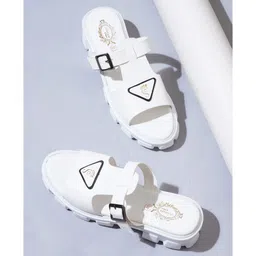 Shoetopia Footprint designed Applique Detailed Buckle Closure Sandals - White-picture-17