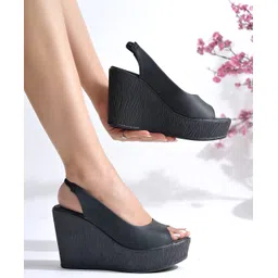 Shoetopia Peep Toe Slingback Solid Platform Wedge Sandals - Black-picture-39