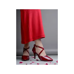 Shoetopia Solid Criss-Cross Straps Red Sandal Heels for Women-picture-17