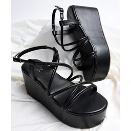 Shoetopia Solid Platform Heeled Gladiator Sandals - Black-picture-32