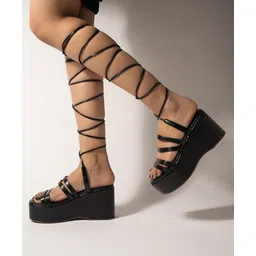 Shoetopia Solid Platform Heeled Tie Up Sandals - Black-picture-27