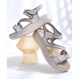 Shoetopia Solid Strap Detailed Velcro Closure Sandals - Grey-picture-27