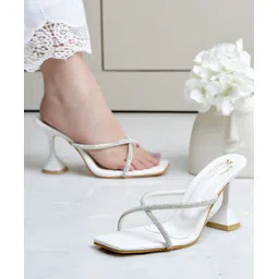 Shoetopia Stone Embellished Criss Cross Straps Square Toe Heels - White-picture-21