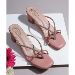 Shoetopia Stone Embellished Crisscross Strap Designed Block Heel - Peach-picture-14