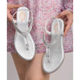 Shoetopia Stone Embellished Metallic Flat Sandals - Silver-picture-12