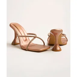 Shoetopia Stones Embellished Slip On Spool Heels Sandals - Rose - Gold-picture-13