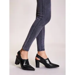 Shoetopia Textured Pointed Toe Block Mules-picture-27