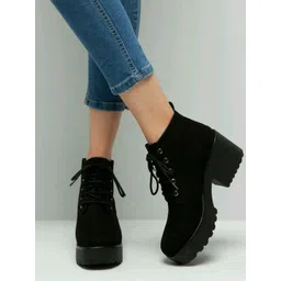 Shoetopia Women Black Solid Heeled Boots-picture-22