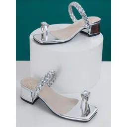 Shoetopia Women Silver-Toned Embellished Party Block Sandals-picture-24