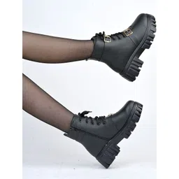 Shoetopia Women Solid Round Toe Buckle Detail Boots-picture-12