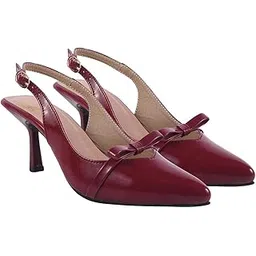 shoetopia Women's Burgundy Slingback Pumps – Pointed Toe Elegant Stylish Classic High Heels with Bow Knot and Adjustable Strap EU36-picture-17