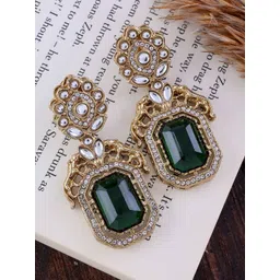 SHONA'S STYLE Brass-Plated Garnet Studded Octagon Shaped Drop Earrings-picture-38