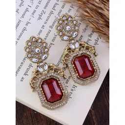 SHONA'S STYLE Brass-Plated Garnet Studded Octagon Shaped Drop Earrings image 1