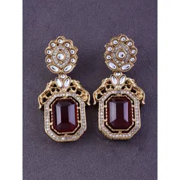 SHONA'S STYLE Brass-Plated Garnet Studded Octagon Shaped Drop Earrings image 4