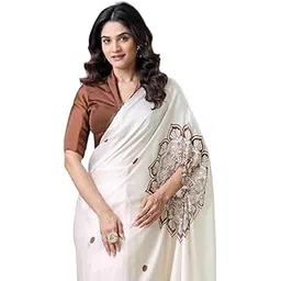 shopaz Women's Off White Soft Satin Silk Printed Designer Kaftan Saree With Unstitched Blouse-picture-15