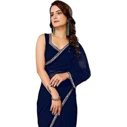 shopaz Women's Ready to Wear Navy Blue Georgette 1 Minute Pre Pleated Mirror Saree With Unstiched Blouse-picture-40