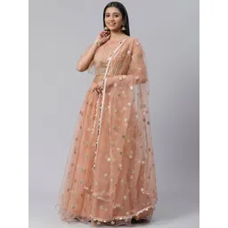 SHOPGARB Peach-Coloured & Silver-Toned Embroidered Semi-Stitched Lehenga & Unstitched Blouse with Dupatta-picture-16