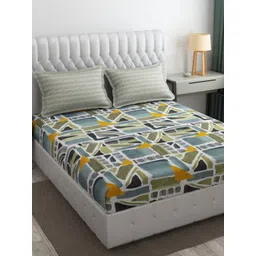 SHOPHOX Green & Yellow Geometric 210 TC King Bedsheet with 2 Pillow Covers-picture-11