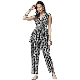 Women's Printed Rayon Co-Ord Set, Black Top and Pant Set (Black, Medium) (Black, Large)-image-4