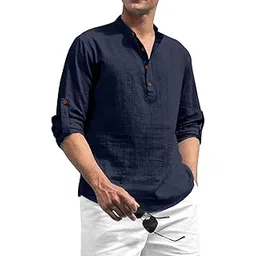 shopyclick Men's Cotton Blend Solid Casual Regular Fit Mandarin/Chinese Collor Short Kurta for Men-picture-35