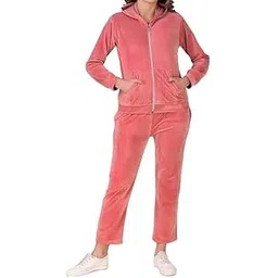 shopyidol Girl's And Women's Stylish Velour Fabric Winter Wear Velvet Set of 2 Pieces Tracksuit Outfits Full Zip Hoodie With Pocket and Sweatpant Set (SIZE XL-XXL)(Peach)-picture-50