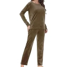 shopyidol Women Velour Lounge Set 2 Piece Velvet Pajama Set Sweatsuit Crew Neck Sweatshirt and Flared Sweatpant(Brown)-picture-43