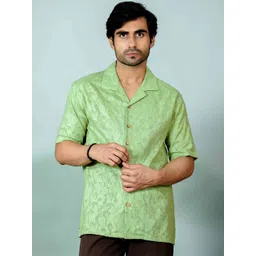 Shortscape Men Standard Fit Cuban Collar Textured Cotton Casual Shirt-picture-24