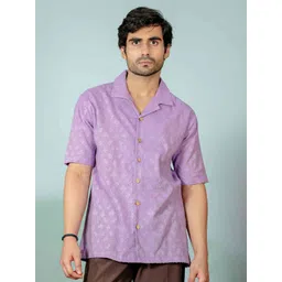 Shortscape Men Standard Fit Cuban Collar Textured Cotton Casual Shirt-picture-41