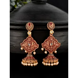Shoshaa Maroon & Gold-Toned Contemporary Jhumkas Earrings-picture-12