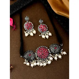 Shoshaa Oxidised Silver-Plated & Red Stones-Studded Jewellery Set-picture-41