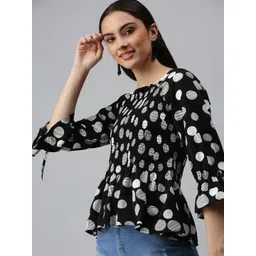 SHOWOFF Black & White Geometric Print Monochrome Crepe Peplum Top-picture-35