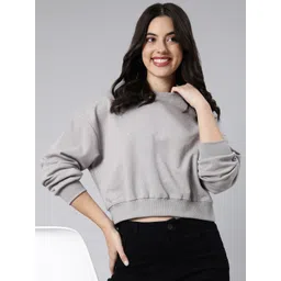 SHOWOFF Embellished Round Neck Long Sleeves Cotton Crop Pullover Sweatshirt-picture-13