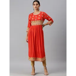 SHOWOFF Ethnic Motifs Embroidered Mirror Work Cotton A-Line Kurta-picture-15