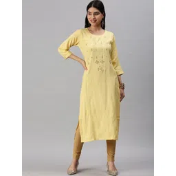 SHOWOFF Ethnic Motifs Embroidered Mirror Work Cotton Straight Kurta-picture-37