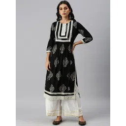 SHOWOFF Ethnic Motifs Printed Foil A-Line Thread Work Kurta with Palazzos-picture-20