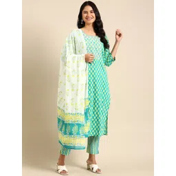 SHOWOFF Ethnic Motifs Printed Sequinned Block Print Kurta With Trousers & Dupatta-picture-38