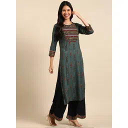 SHOWOFF Ethnic Motifs Printed Thread Work Block Print Kurta With Palazzos & Dupatta-picture-16
