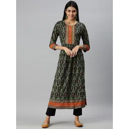 SHOWOFF Ethnic Motifs Printed Thread Work Cotton Anarkali Kurta image 1