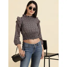 SHOWOFF Floral Print Puff Sleeve Crepe Cinched Waist Crop Top-picture-25