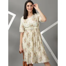 SHOWOFF Floral Printed Accordion Pleats Fit & Flare Dress With Belt-picture-42