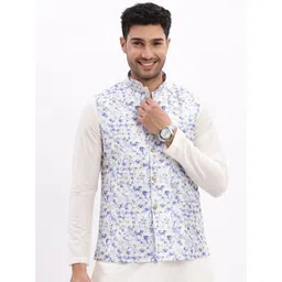 SHOWOFF Floral Printed Mandarin Collar Cotton Slim Fit Nehru Jacket-image-43