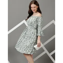 SHOWOFF Floral Printed Off-Shoulder Bell Sleeve Crepe Fit & Flare Dress-picture-13