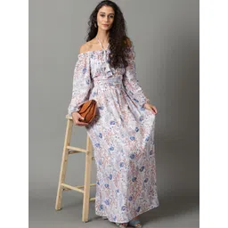 SHOWOFF Floral Printed Off-Shoulder Puff Sleeves Gathered Fit & Flare Maxi Dress-picture-26