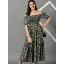 SHOWOFF Floral Printed Off-Shoulder Smocked Chiffon Maxi Dress-picture-10