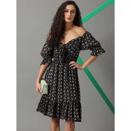 SHOWOFF Floral Printed Off-Shoulder Tie Up Smocked Chiffon Fit & Flare Dress-picture-15