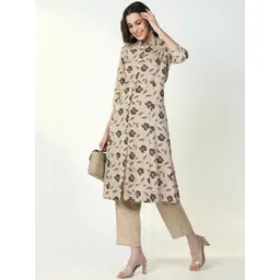 SHOWOFF Floral Printed Panelled Mandarin Collar A-Line Kurta With Trouser-picture-42