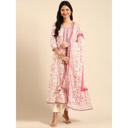 SHOWOFF Floral Printed Panelled Mirror Work Block Print Kurta with Trousers & Dupatta-picture-36