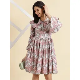 SHOWOFF Floral Printed Puff Sleeves Gathered Fit & Flare Dress-picture-37